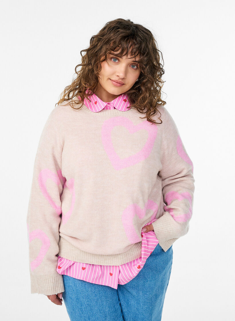 Gebreide blouse met grote harten en ronde hals, Beige, Model image number 0