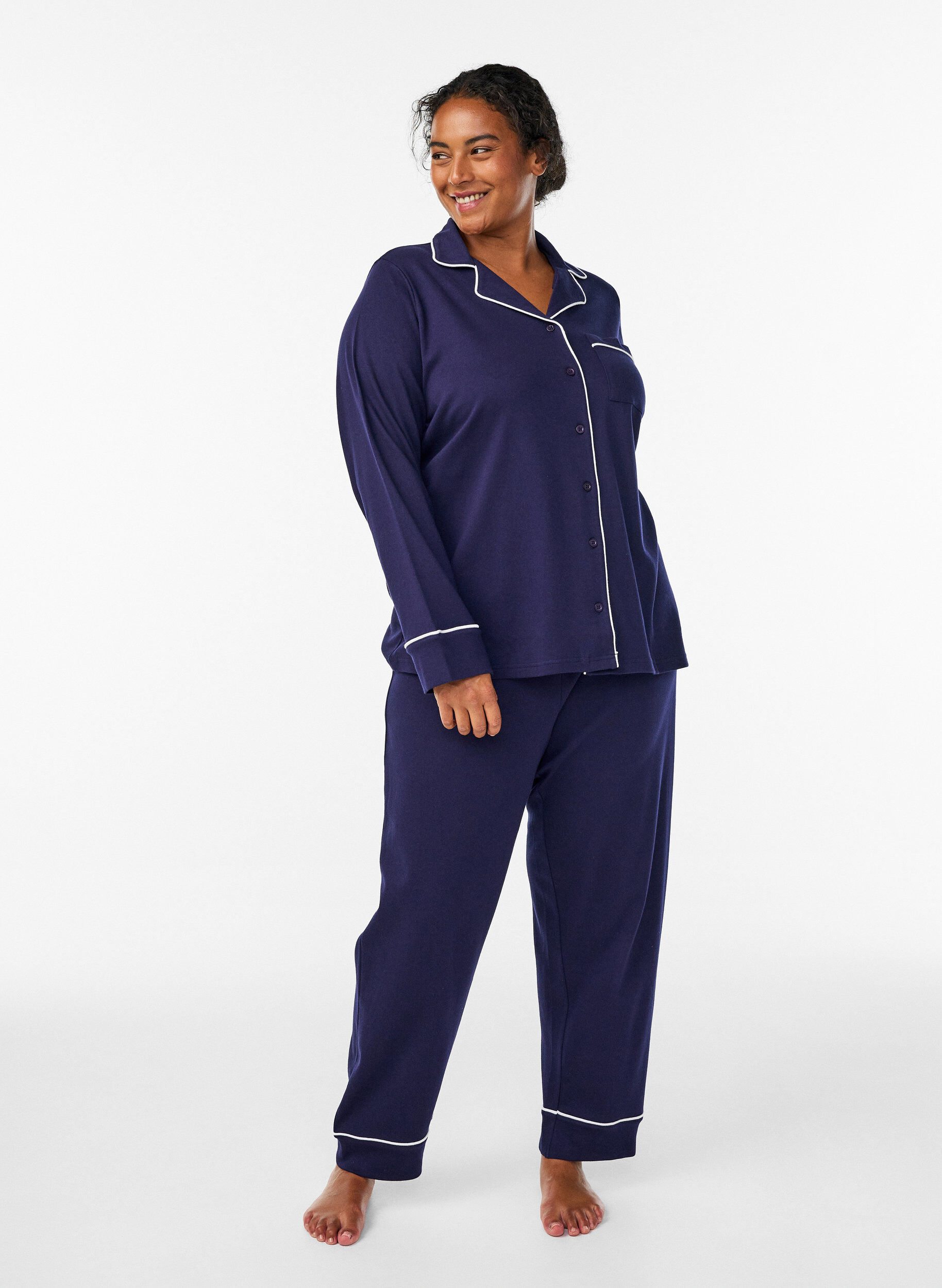 Katoenen pyjamabroek met hoge taille, Blauw, Model
