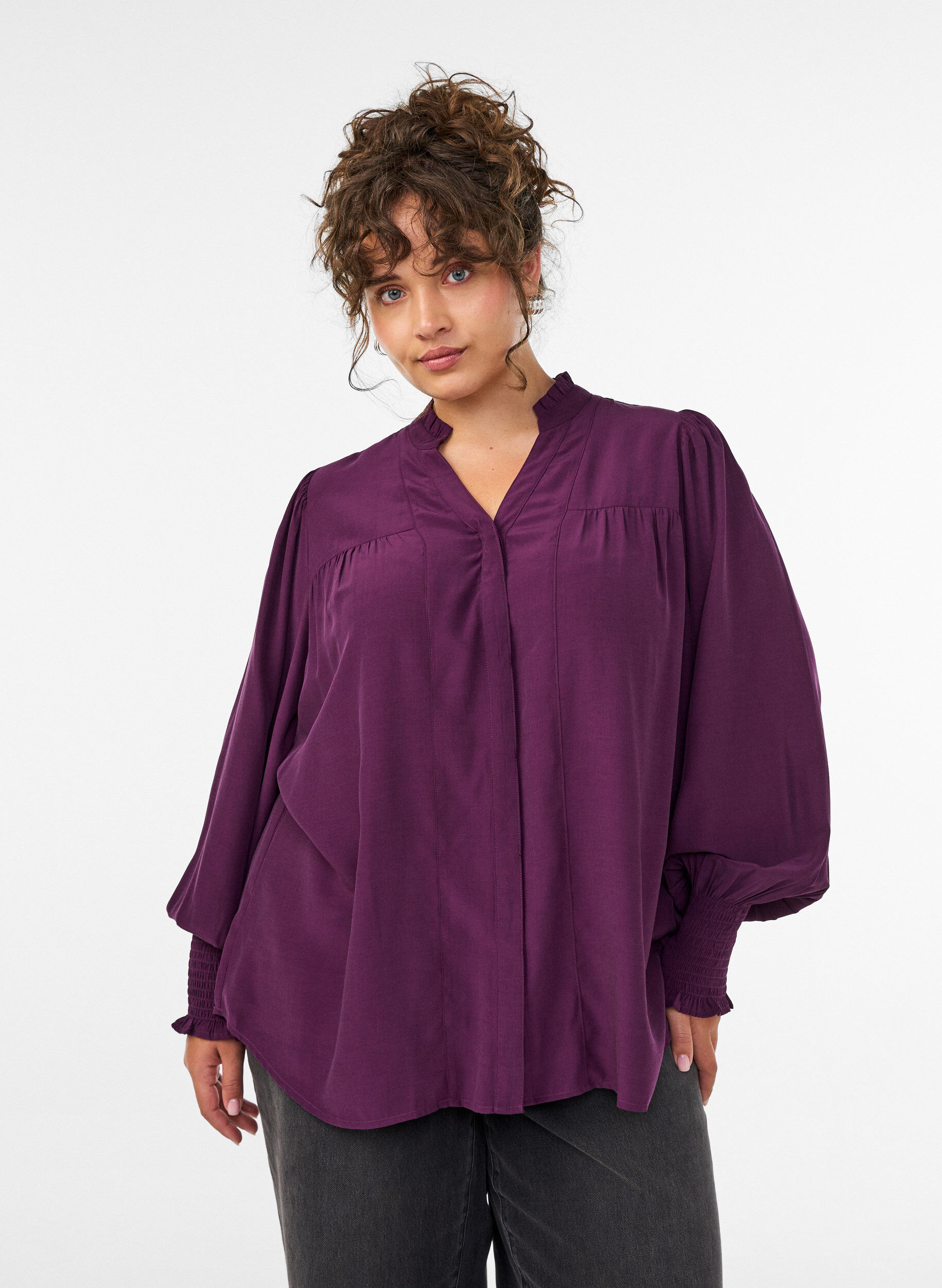 ZizziBlouse met ruches kraag en plooien, Paars, Model image number 0