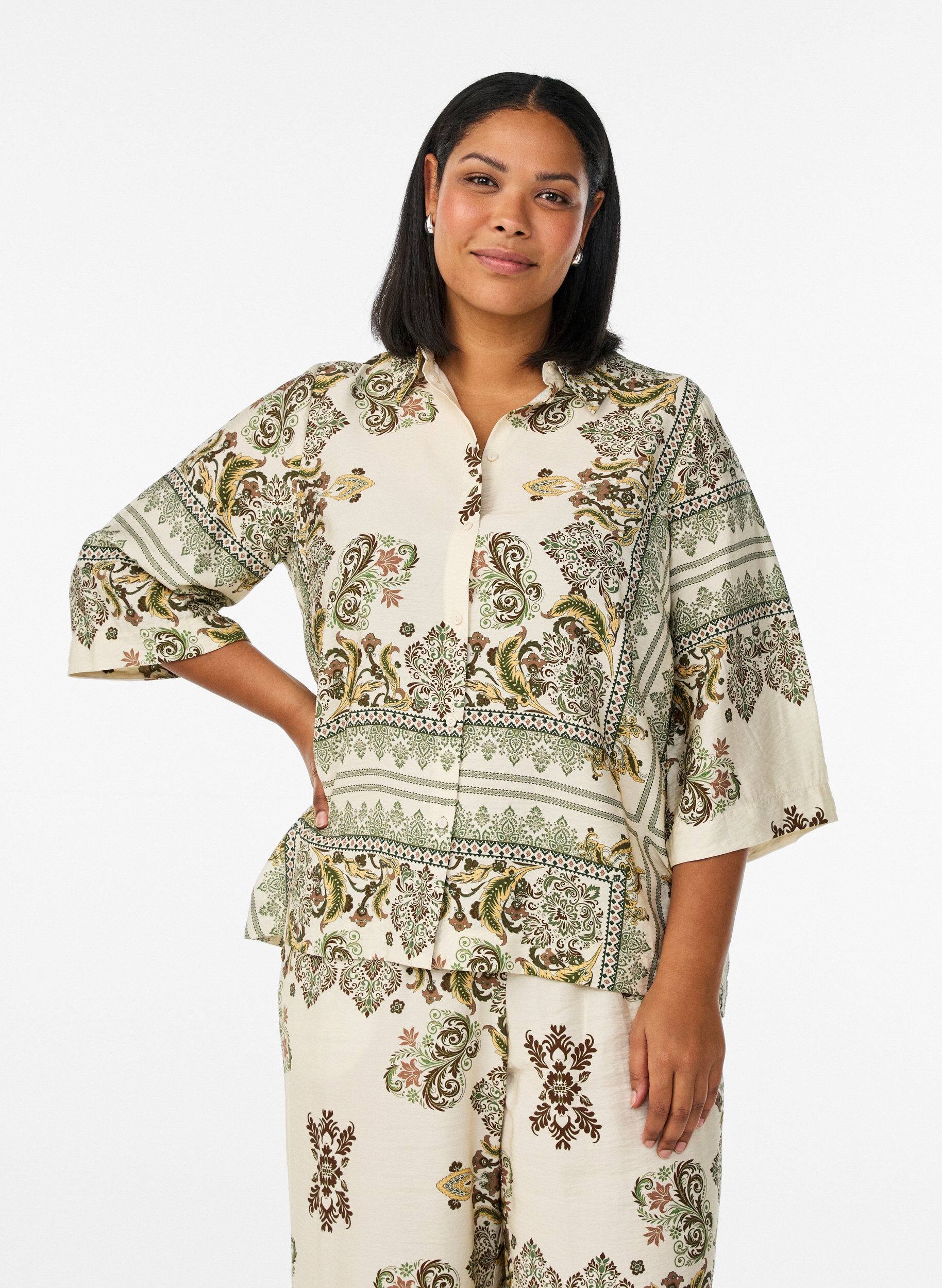 Viscose blouse met 3/4-mouwen en patroon, Groen, Model