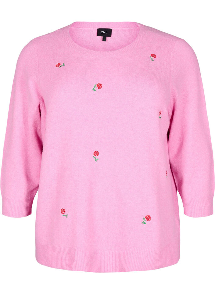 Gebreide blouse met bloemen en 3/4 mouwen, Begonia Pink Mel., Packshot
