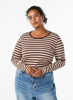 ZizziGestreepte blouse met lange mouwen, Chocolate M. Stripe, Model image number 0