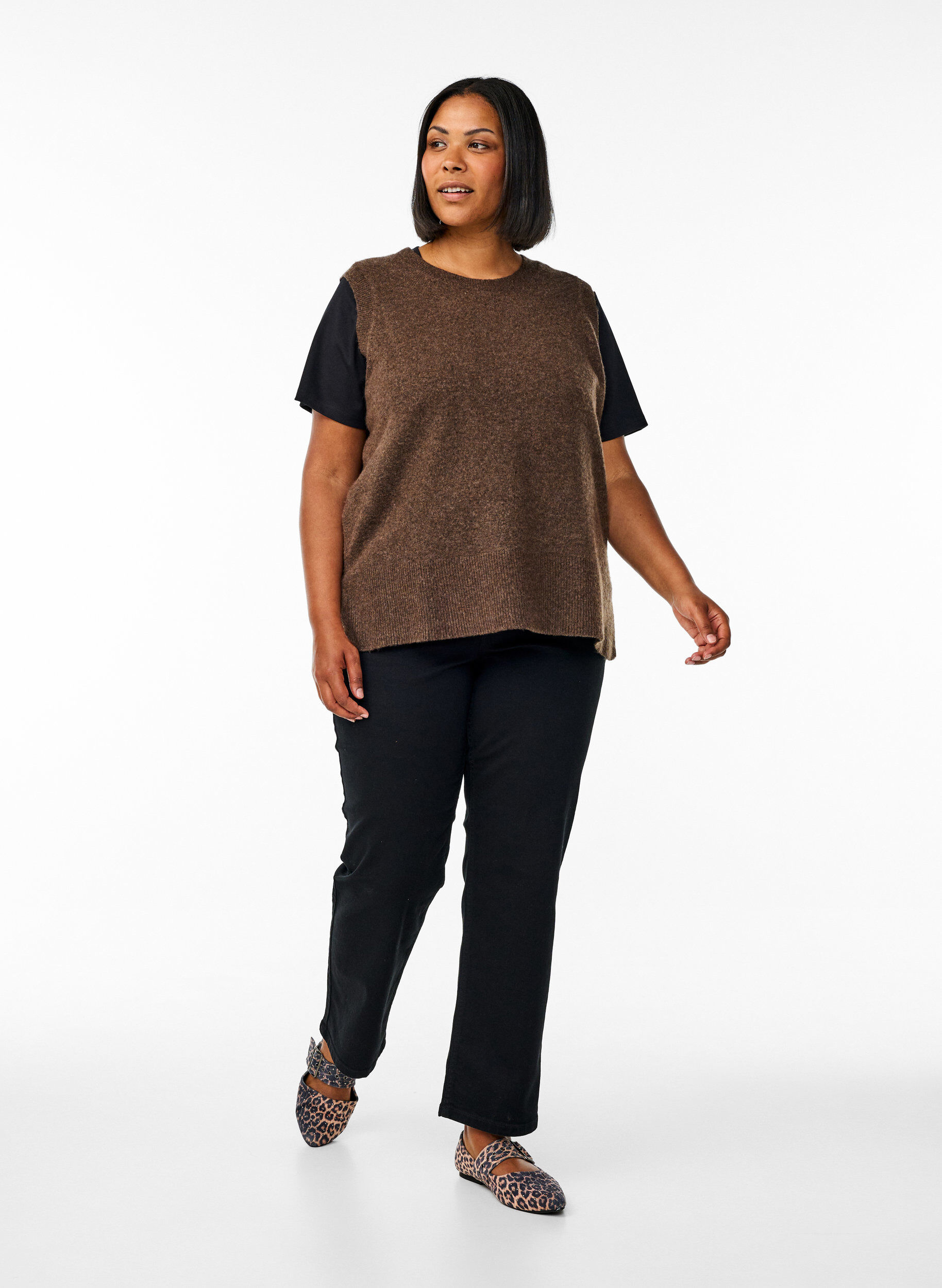 ZizziGebreid vest met geribbelde randen, Bruin, Model image number 1