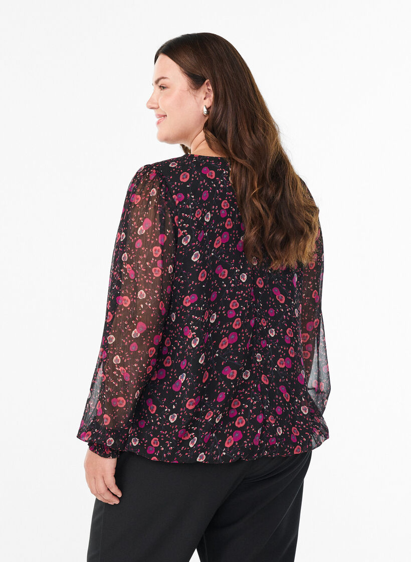 Chiffon blouse met bloemenprint en sheer mouwen, Zwart, Model image number 2