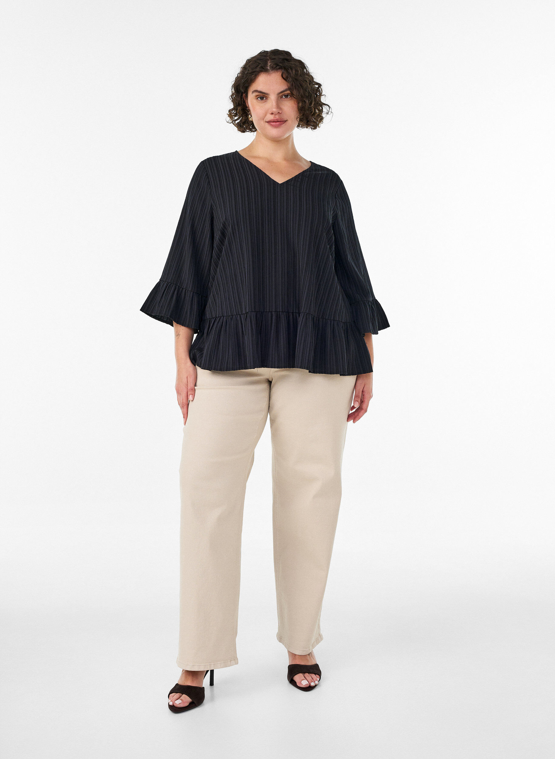 ZizziBlouse met textuur, V-hals en ruches, Zwart, Model image number 1