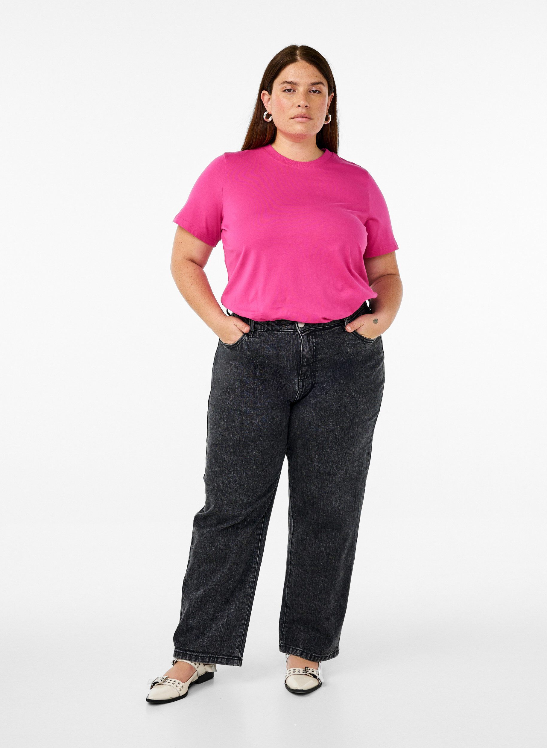 ZizziBasic katoenen T-shirt met ronde hals, Roze, Model image number 1