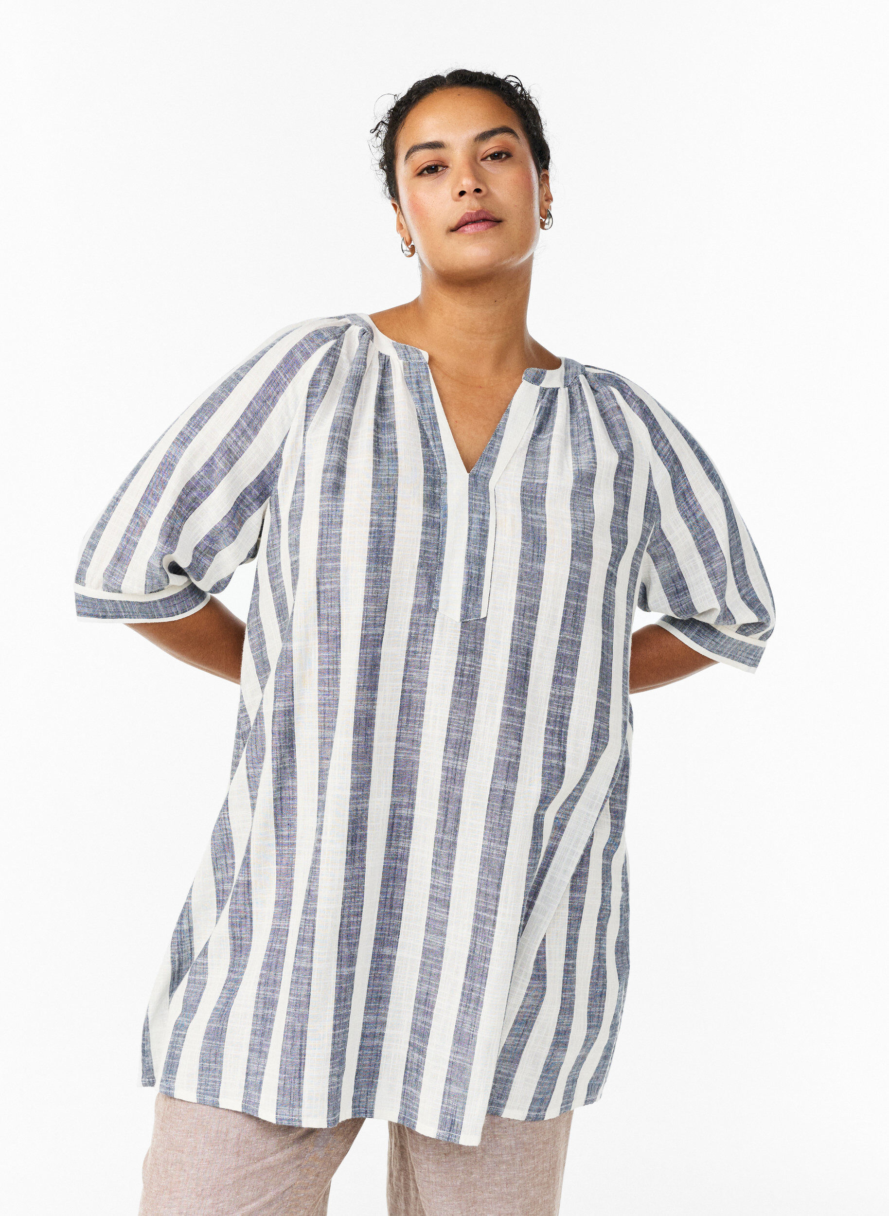 Katoenen tuniek met V-hals, Blauw, Model