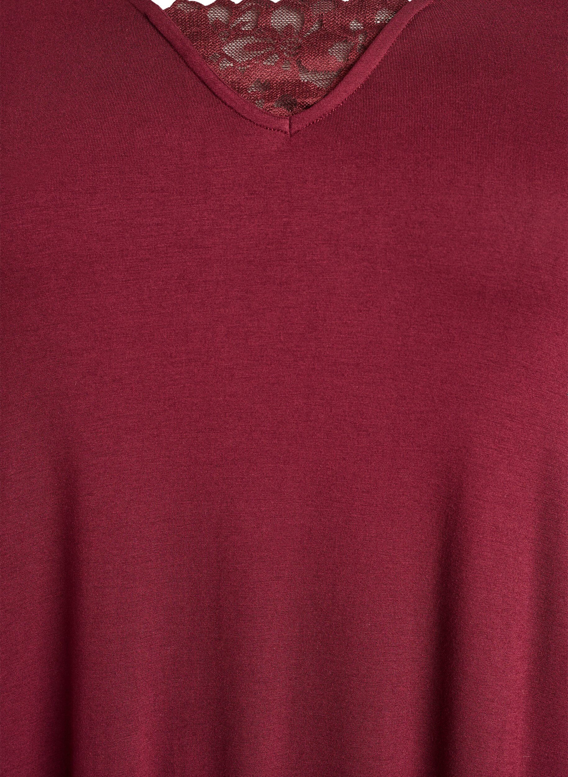 ZizziLange mouwen nachtjapon met kanten inzet en V-hals, Rood, Packshot image number 2