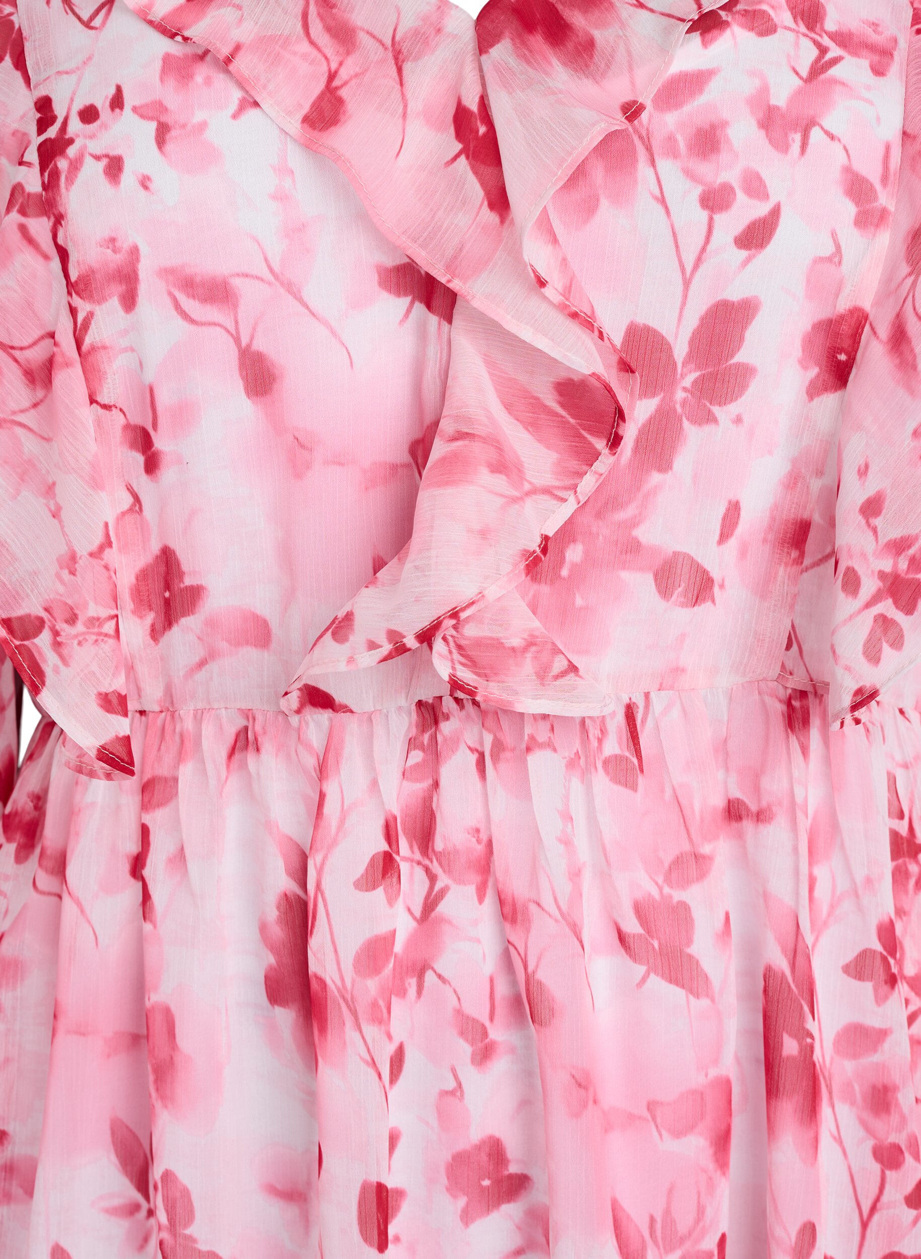 Zizzi Robe en chiffon fleuri avec volants et manches longues, Rose, Packshot image number 2