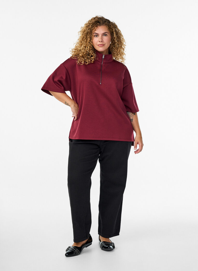 Sweatshirt met korte mouwen en een hoge kraag, Donker Bordeaux, Model image number 1