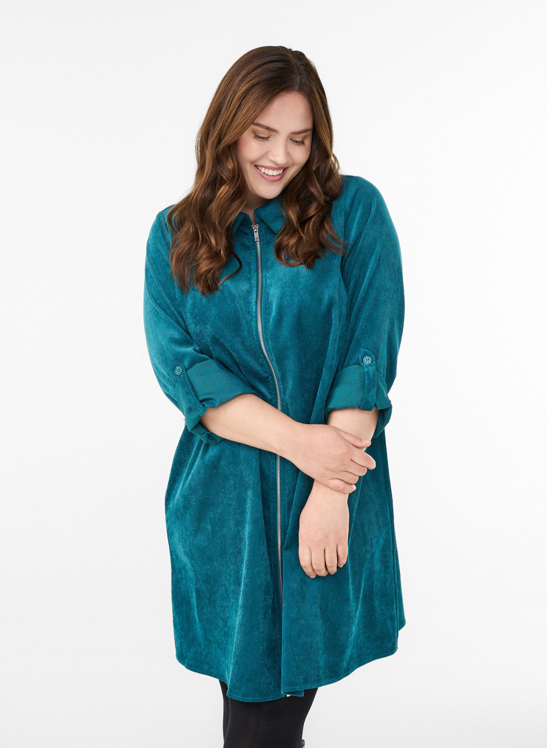 Corderoy jurk met rits en 3/4-mouwen, Groen, Model