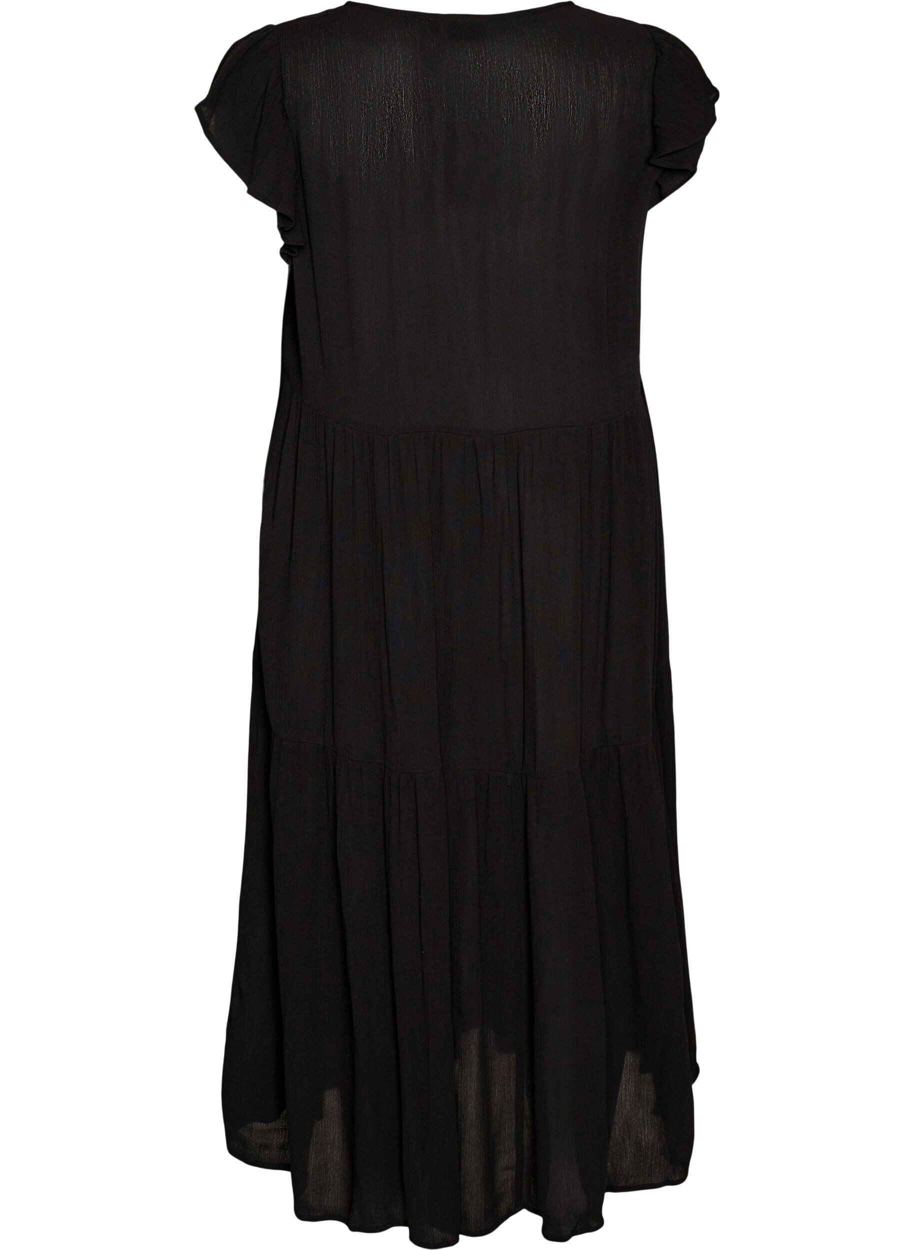 ZizziMidi jurk van viscose met ruches mouwen, Zwart, Packshot image number 1
