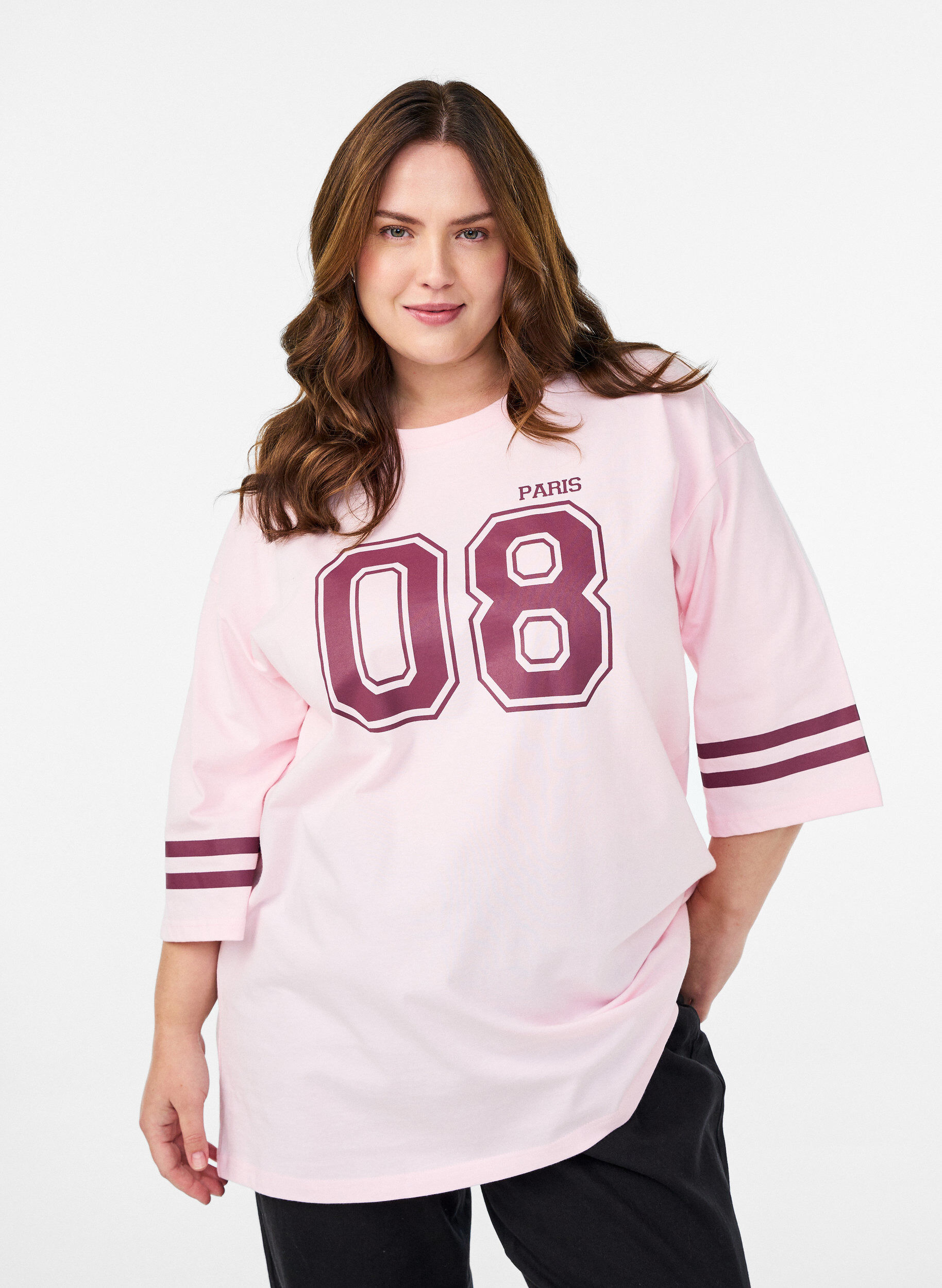 Oversized college T-shirt met 3/4 mouwen, Roze, Model