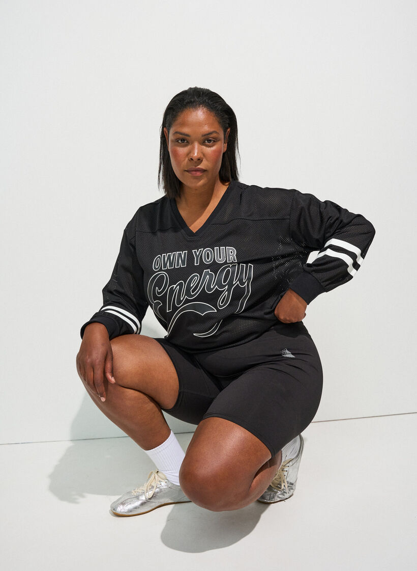 Sporty mesh-top met tekstprint, Zwart, Model image number 0