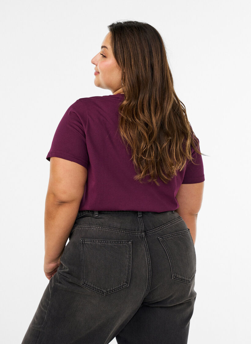 T-shirt met bloemenborduursel en strassteentjes, Paars, Model image number 2