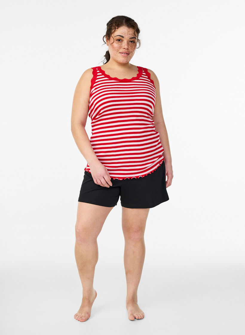 Gestreept top met een geribde textuur en een kanten randje, Roze, Model image number 1