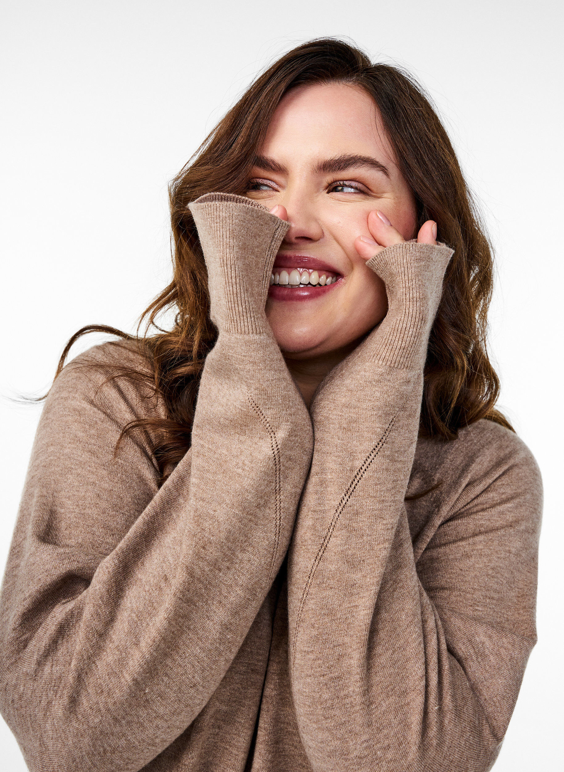 ZizziGebreide blouse met ronde hals en gebreid patroon, Bruin, Image image number 0