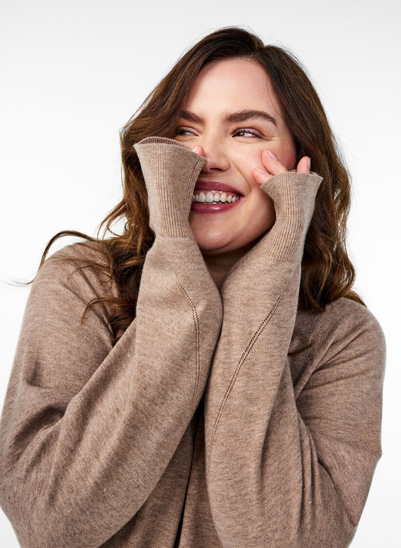 Gebreide blouse met ronde hals en gebreid patroon, Bruin, Image image number 0