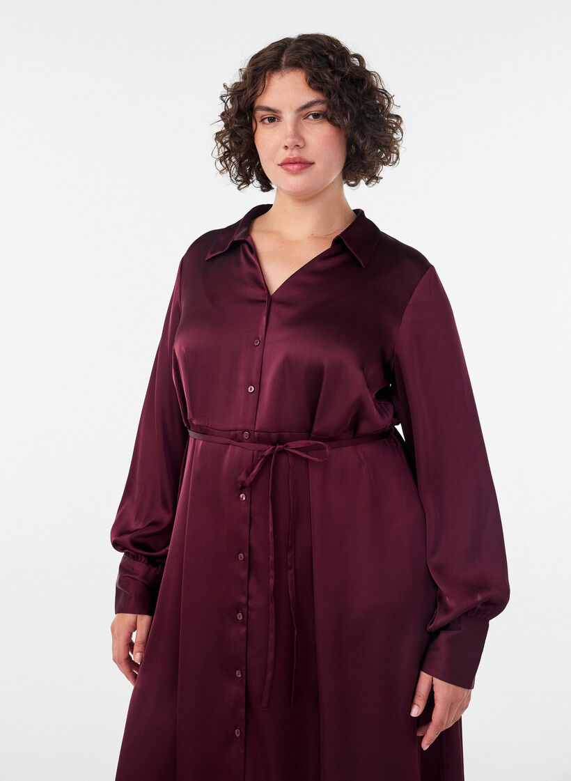 Robe chemise en satin avec une ceinture &agrave; nouer, Bordeaux, Model image number 0