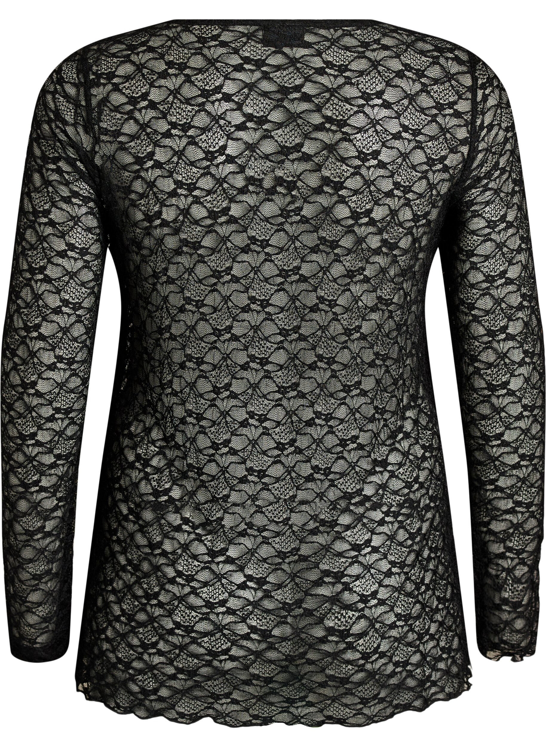 ZizziBlouse met lange mouwen van doorschijnend kant, Zwart, Packshot image number 1