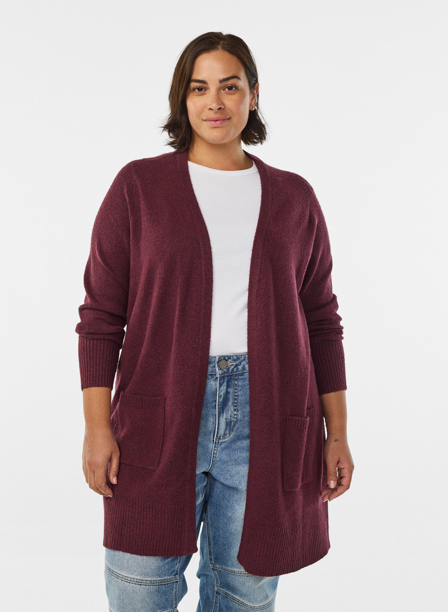 Geribd gebreid vest met zakken, Donker Bordeaux, Model