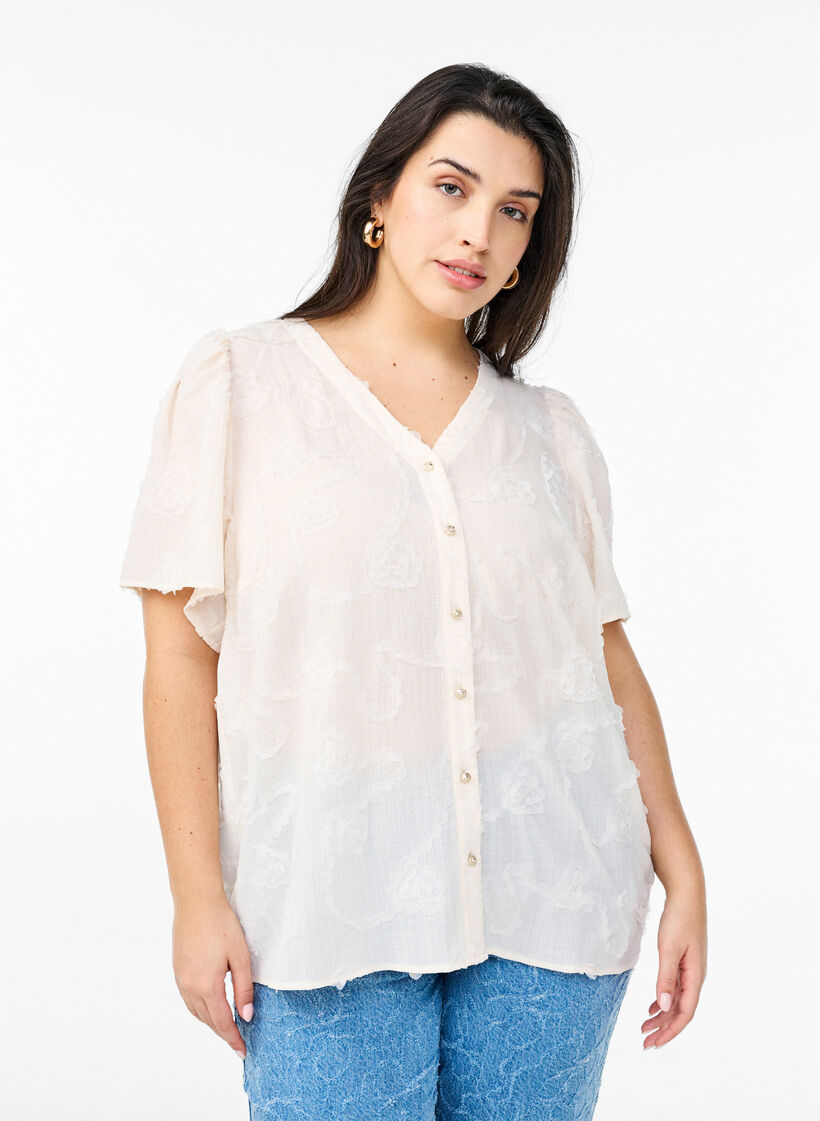 Shirtblouse met korte mouwen en 3D-bloeimeffect, Beige, Model image number 0