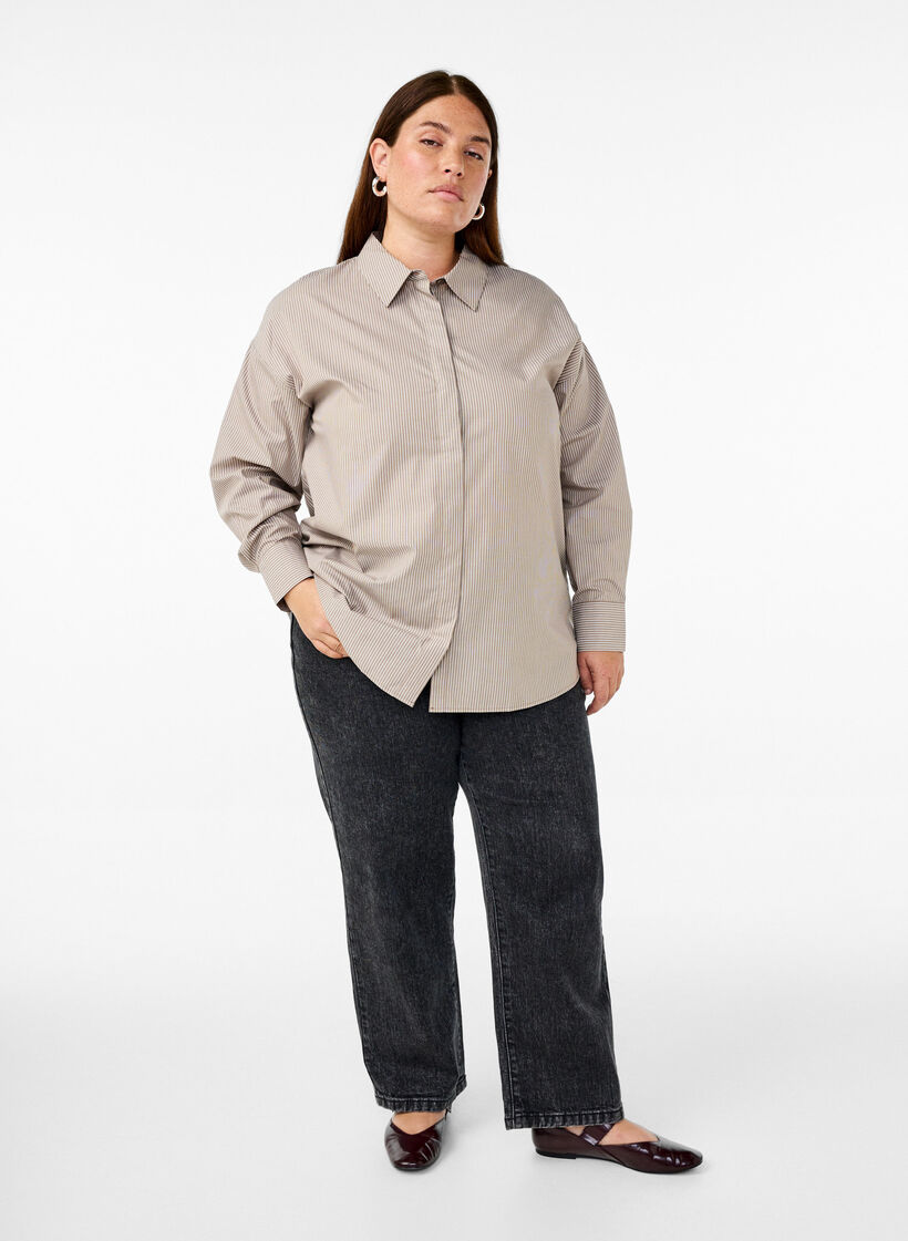 Losse shirt met lange mouwen en strepen, Fossil/White Stripe, Model