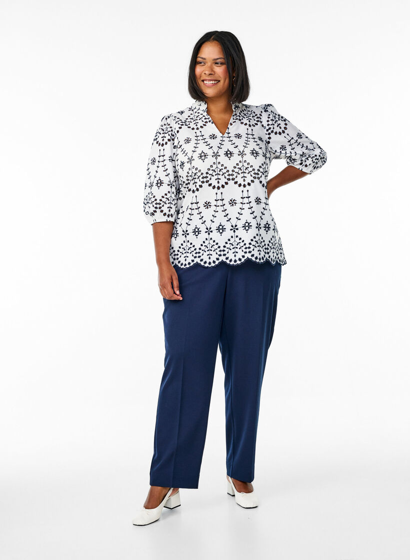 Blouse met 3/4 mouwen en contrasterende broderie anglaise, Wit, Model image number 1