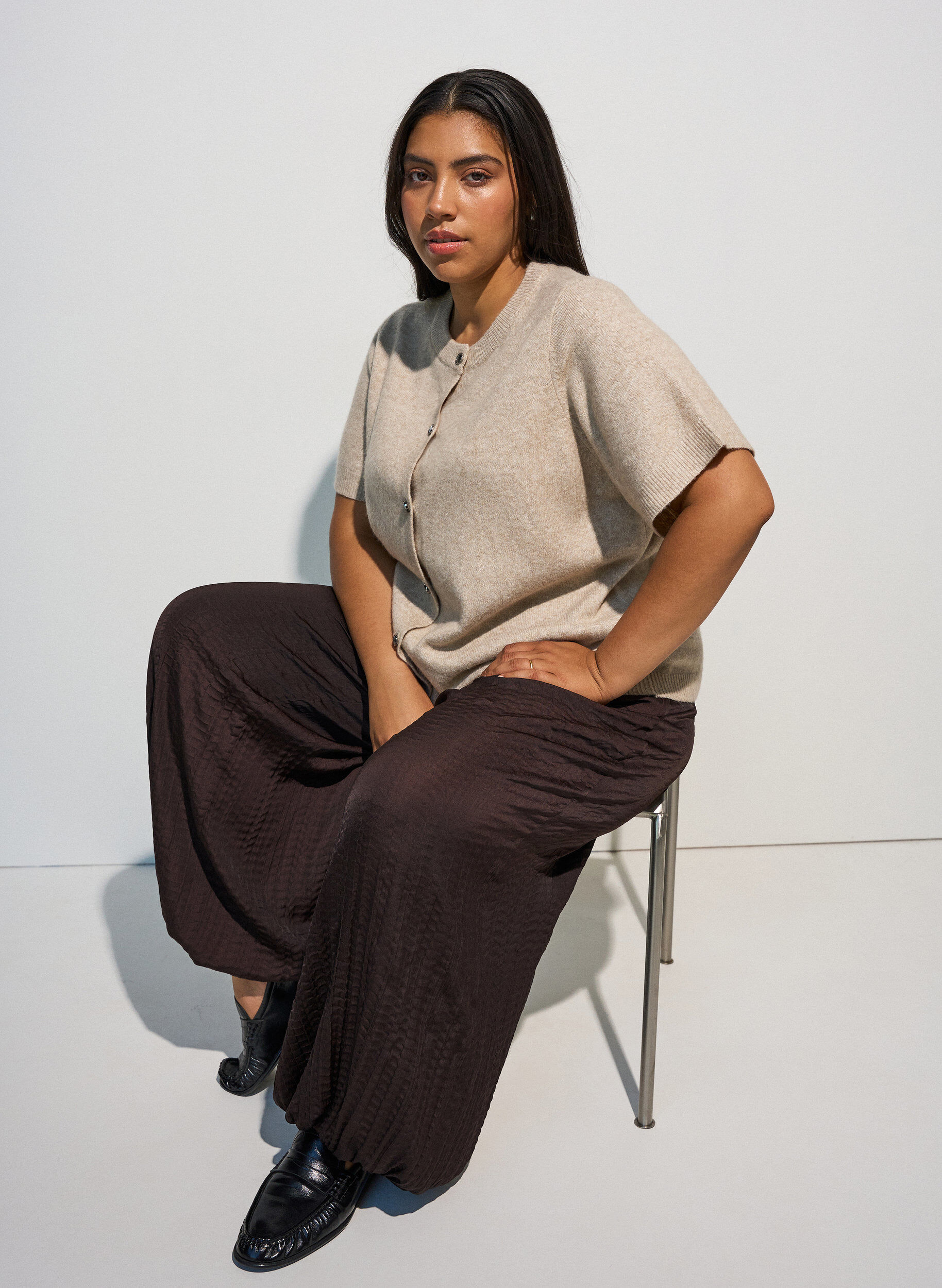 ZizziGebreid vest met korte mouwen, Beige, Image image number 0