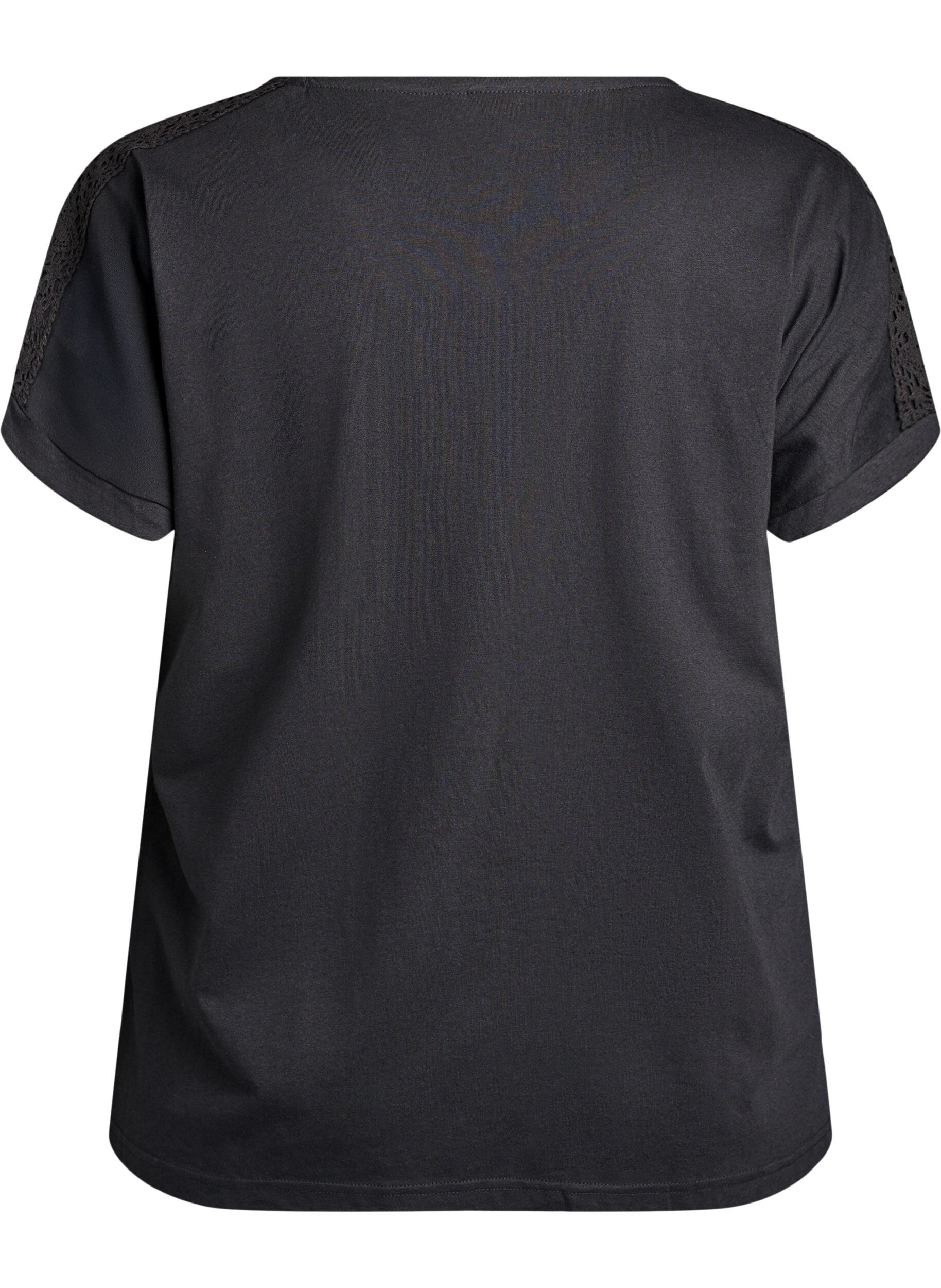 ZizziKatoenen T-shirt met haakdetail, Zwart, Packshot image number 1