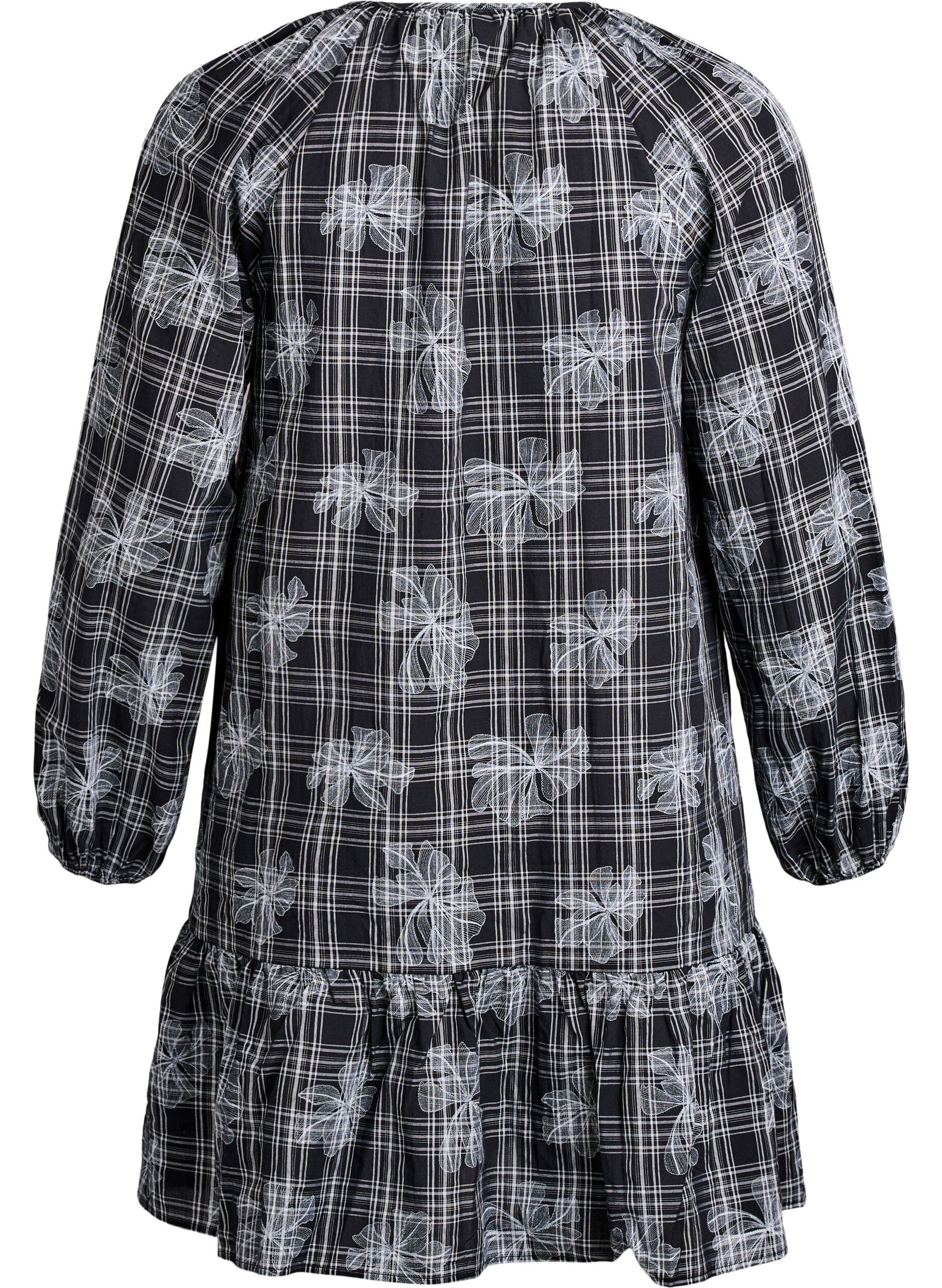 ZizziKorte jurk met ruitjes en bloemenprint, Zwart, Packshot image number 1