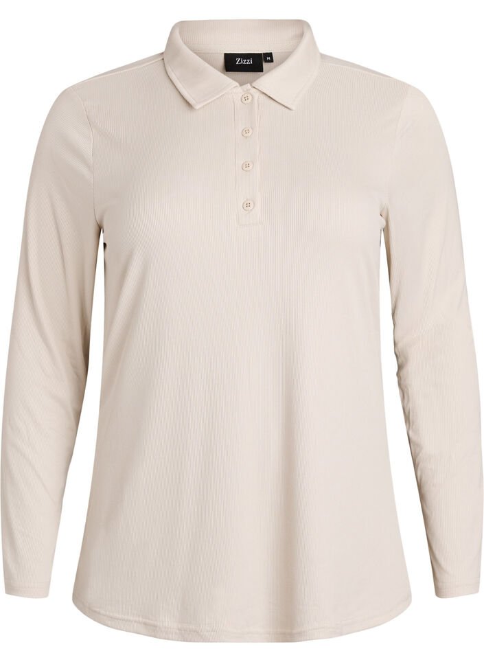 Polo in zachte rib met lange mouwen, Beige, Packshot image number 0