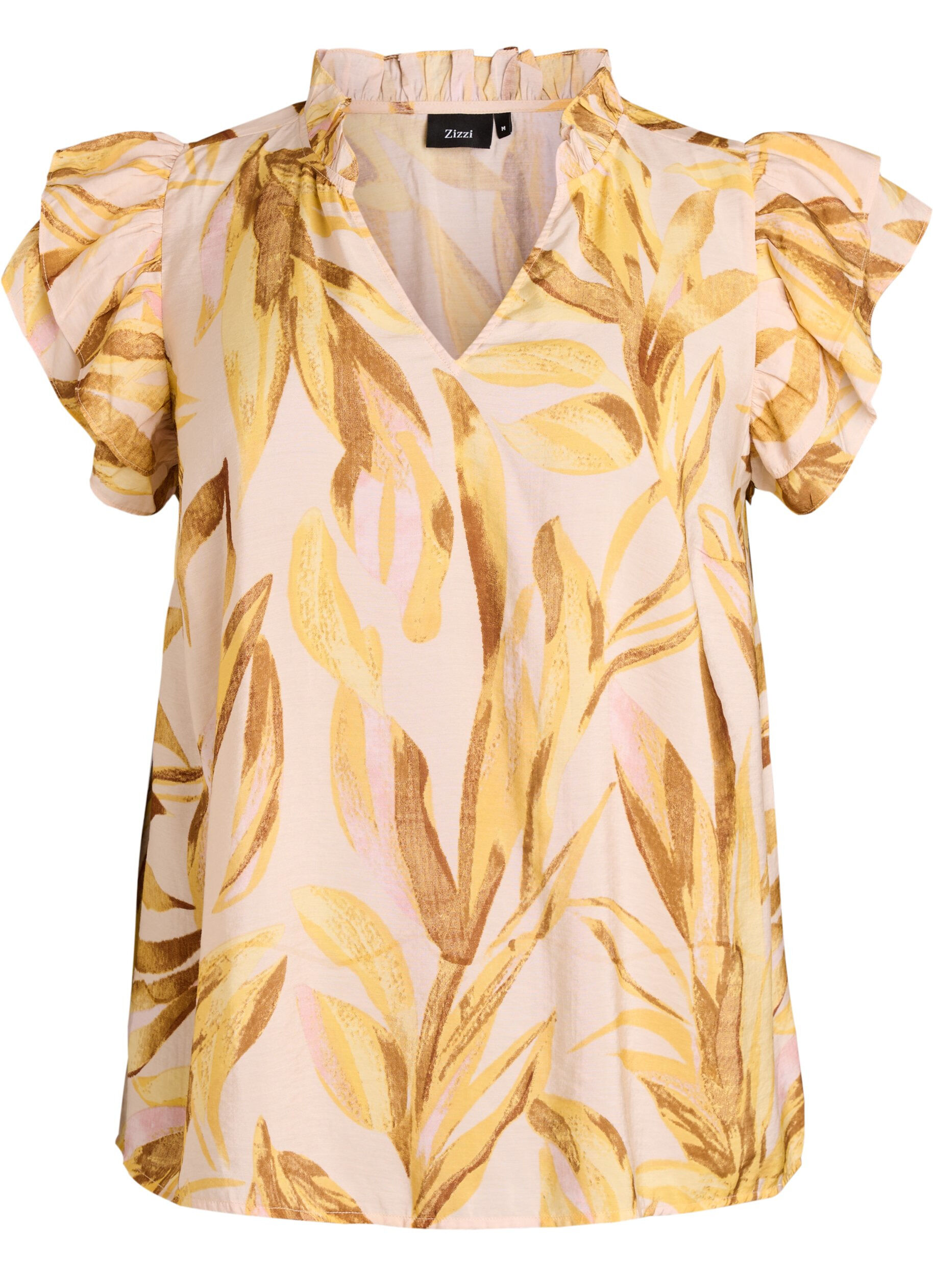 Viscose blouse met bladprint en ruches