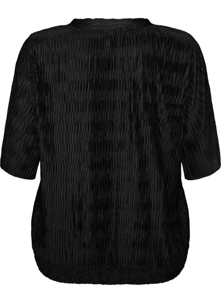 Blouse met golvende structuur en ballonvorm, Zwart, Packshot image number 1