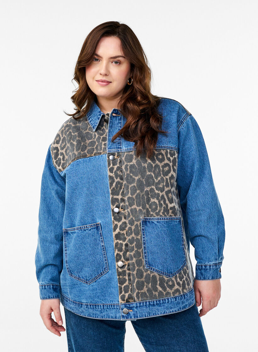 Denim shirt met luipaardprint details, LEO Color block, Model