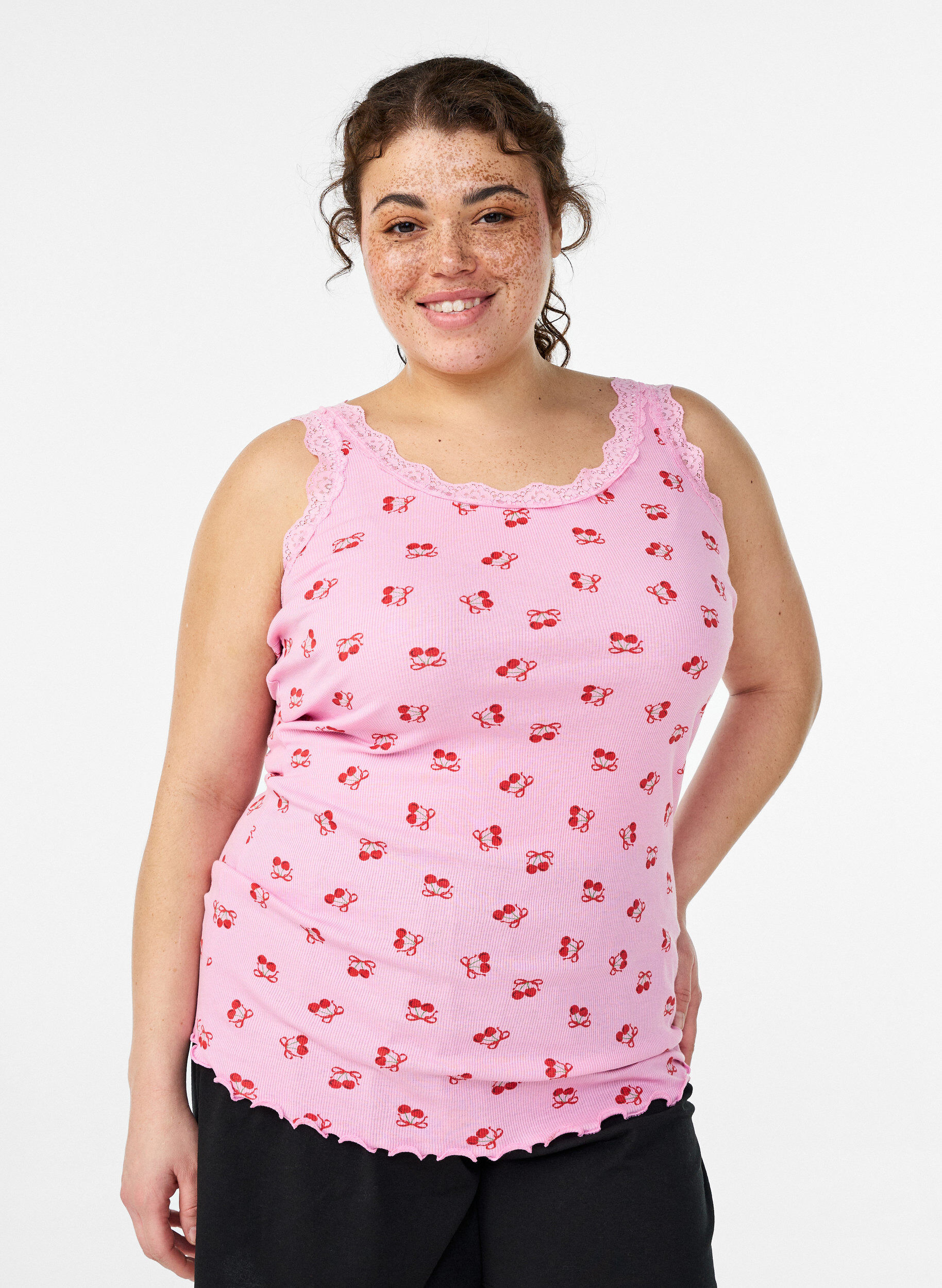 Top met print en kanten rand, Roze, Model