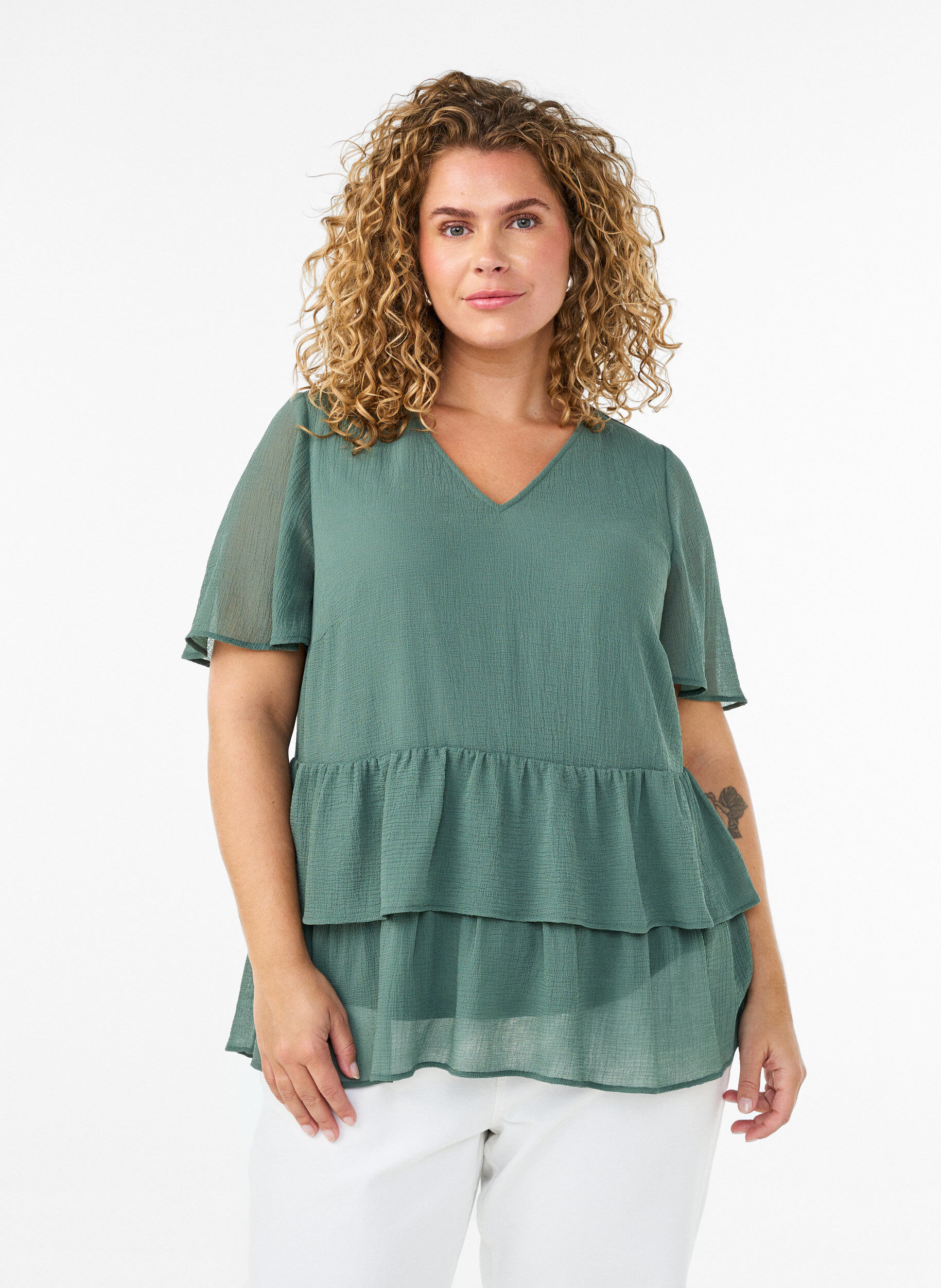 Blouse met V-hals en ruches, Groen, Model