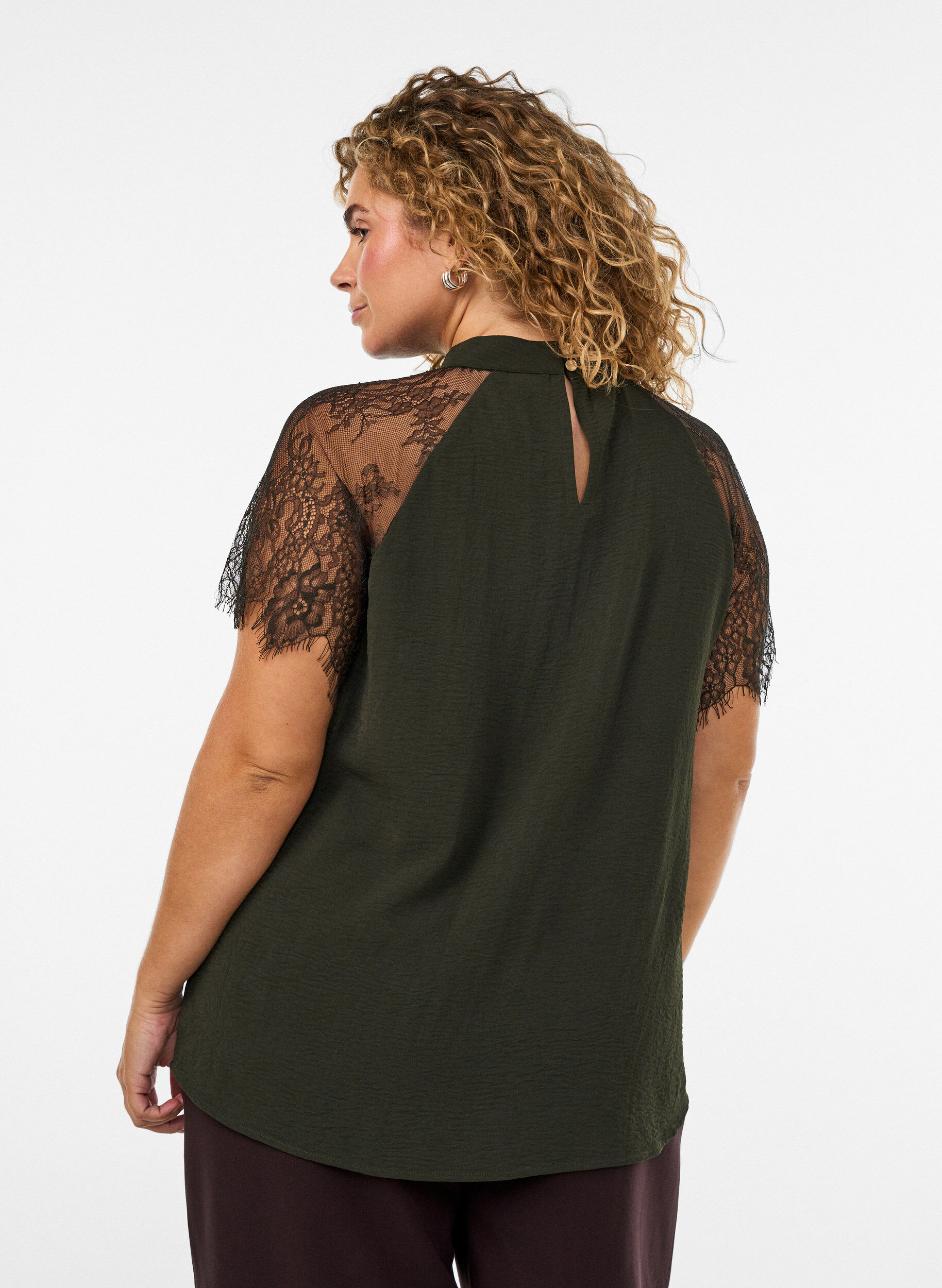 ZizziBlouse met korte kanten mouwen en hoge hals, Groen, Model image number 2