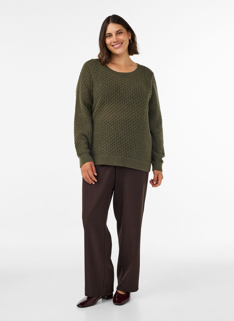 Gebreide blouse met een opengewerkt structuurpatroon, Groen, Model image number 1