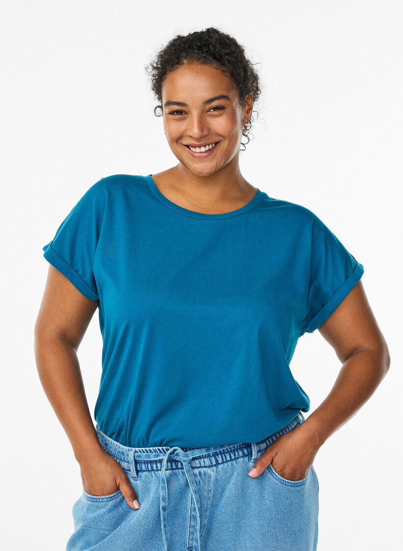 T-shirt met korte mouwen in een katoenmix, Blauw, Model image number 0