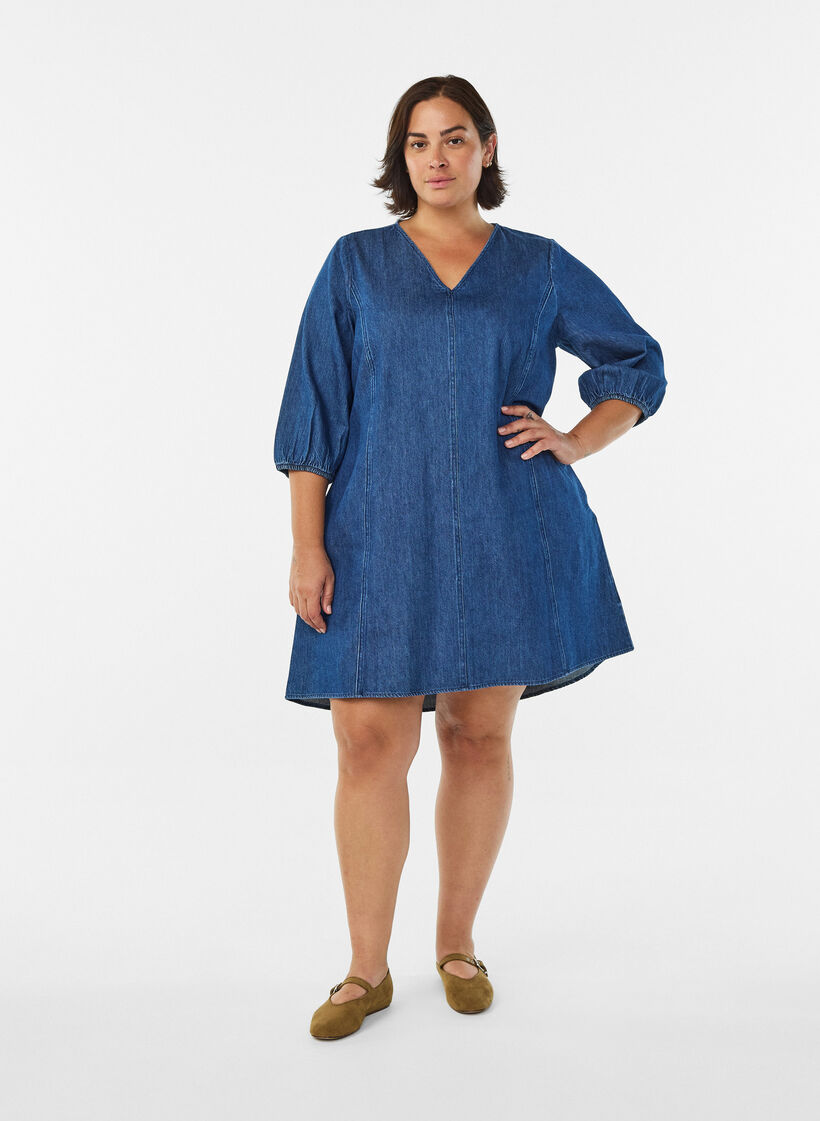 Korte denimjurk met 3/4 mouwen, Blue Denim, Model