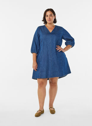 ZizziKorte denimjurk met 3/4 mouwen, Blue Denim, Model image number 2
