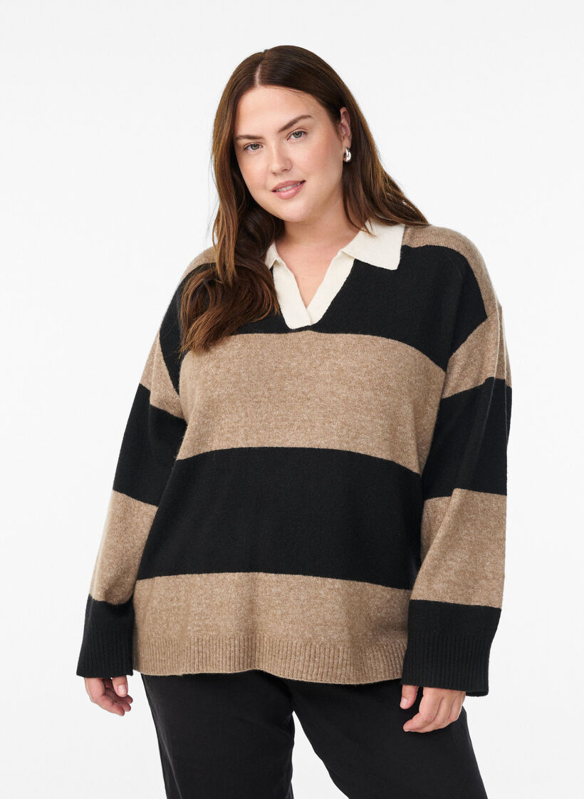 Gebreide blouse met kraag en V-hals, Zwart, Model image number 0