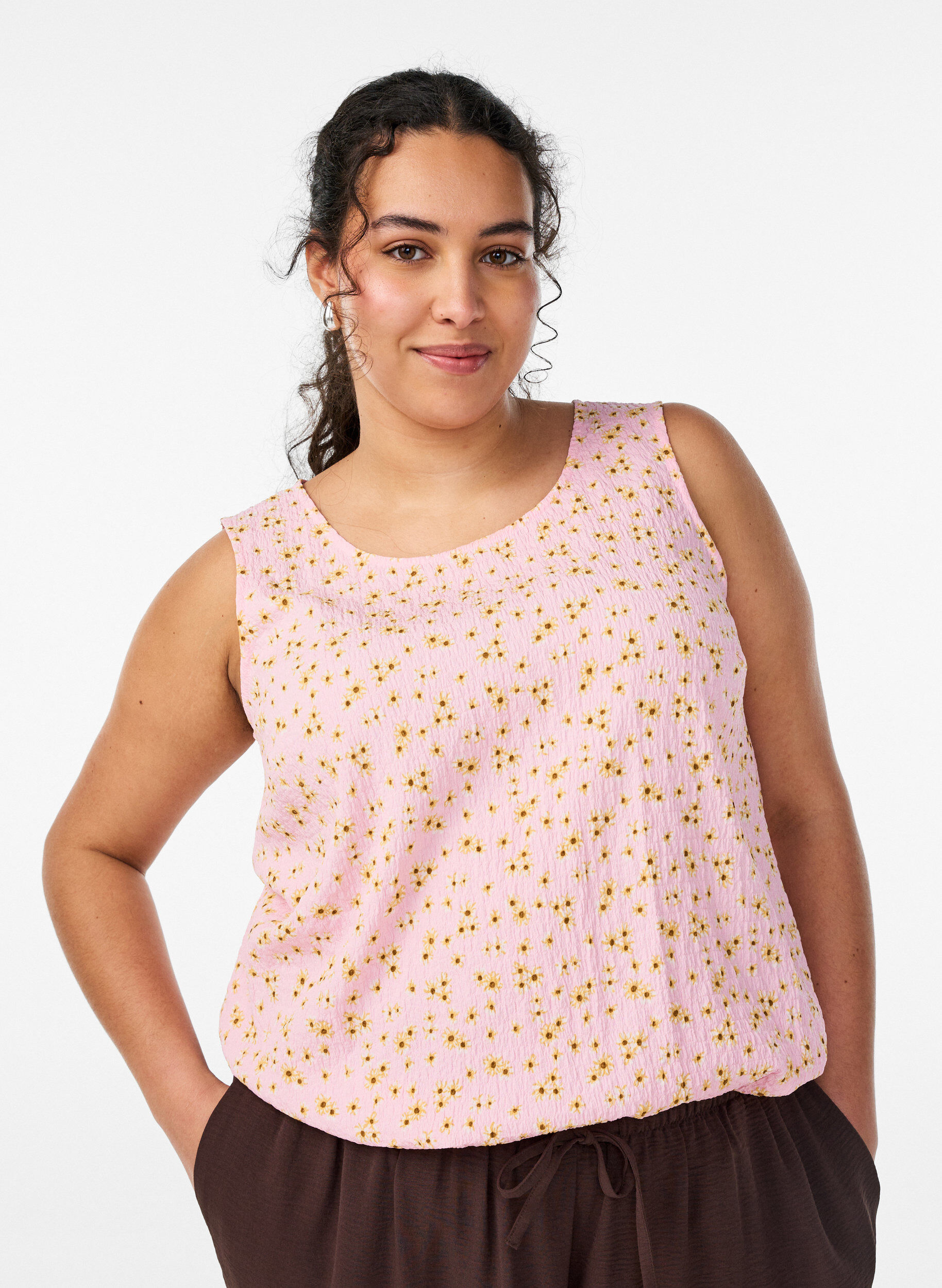 Mouwloze top met textuur, Roze, Model