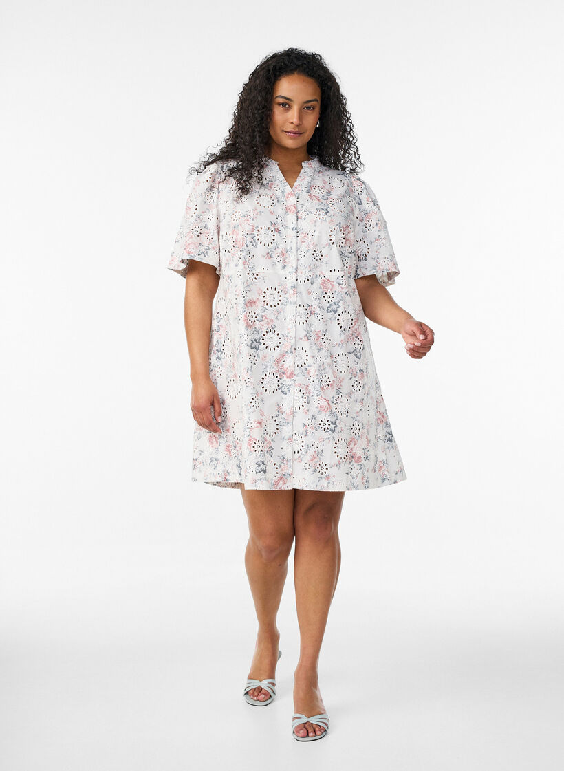 Katoenen jurk met bloemenprint en broderie anglaise, Vanille, Model image number 1