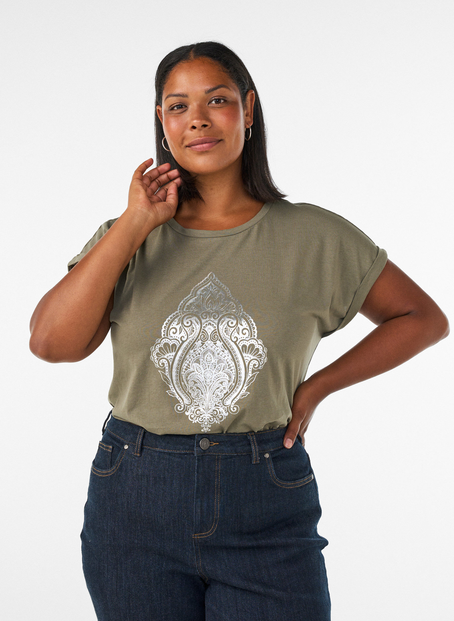 T-shirt met decoratieve print aan de voorkant, Groen, Model
