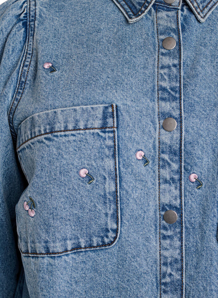 Denimjurk met kersen en borstzakken, Blauw, Packshot image number 2