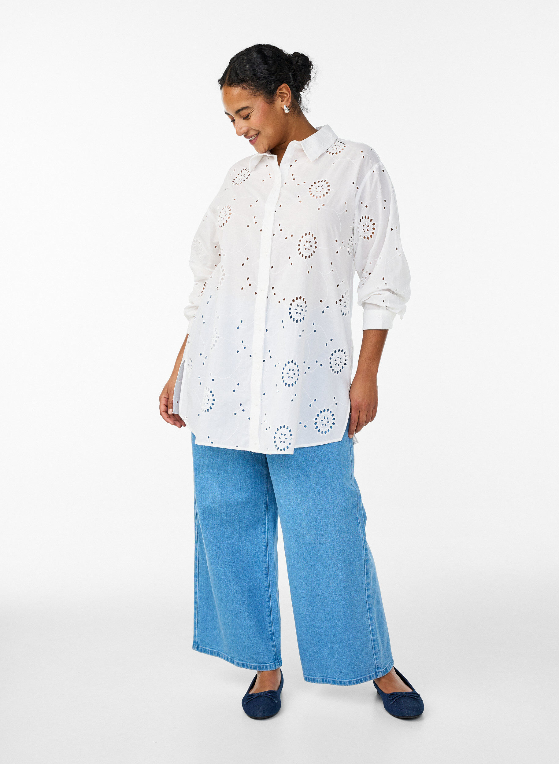 ZizziKatoenen tuniek met broderie anglaise, Wit, Model image number 1