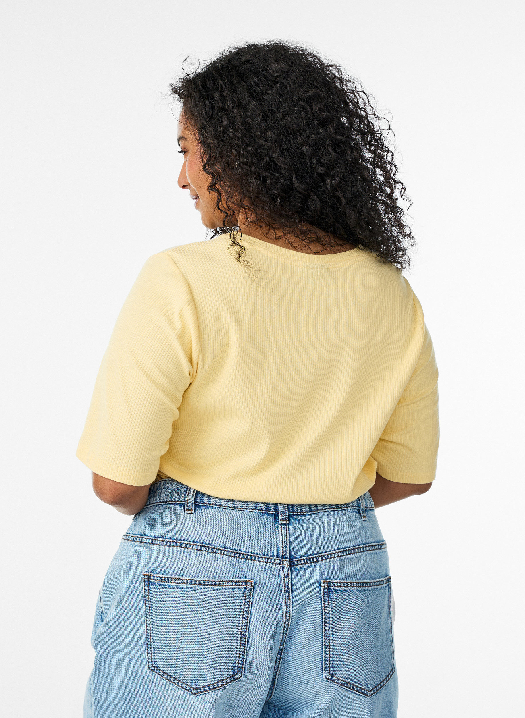 ZizziGeribde jersey blouse met korte mouwen, Geel, Model image number 2