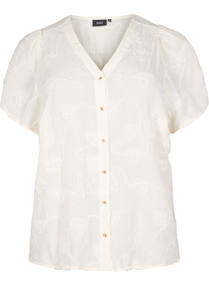 Shirtblouse met korte mouwen en 3D-bloeimeffect, Beige, Packshot image number 0